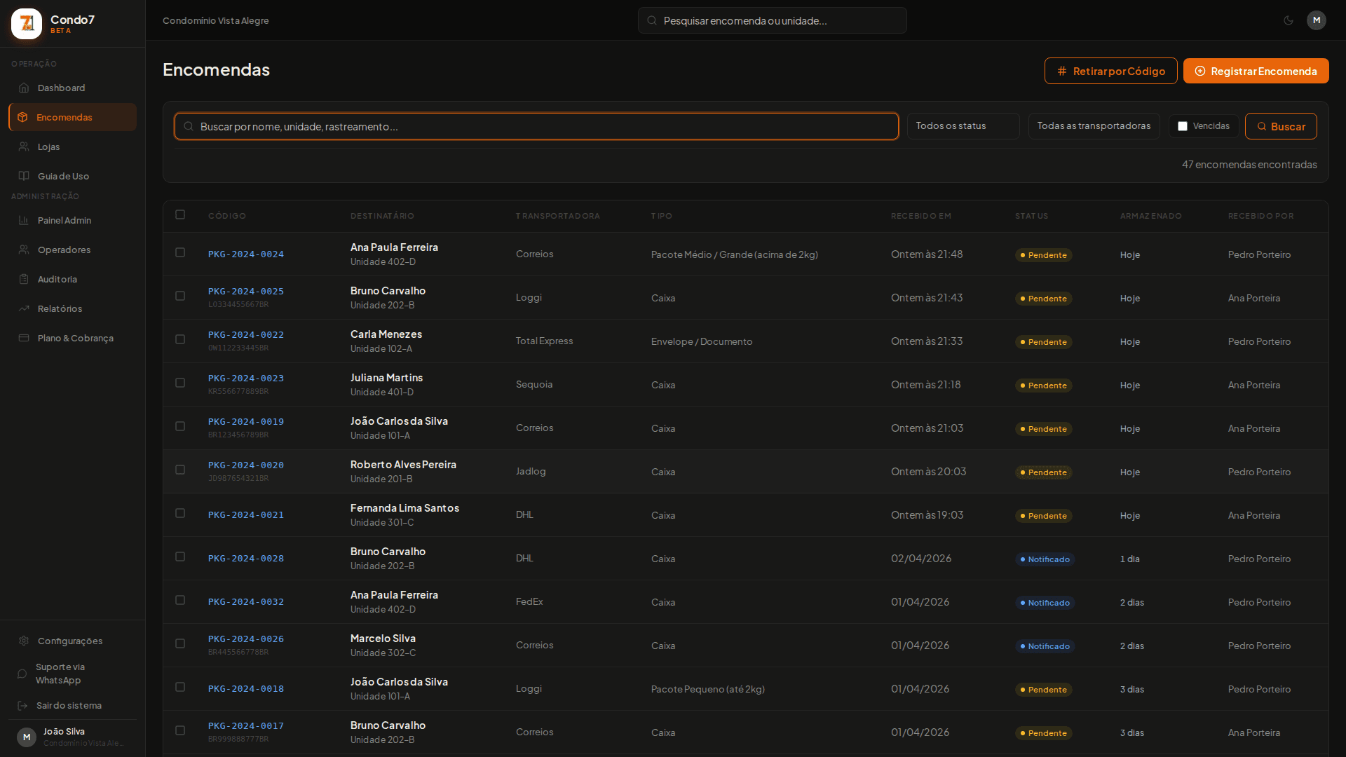 Encomendas modo escuro