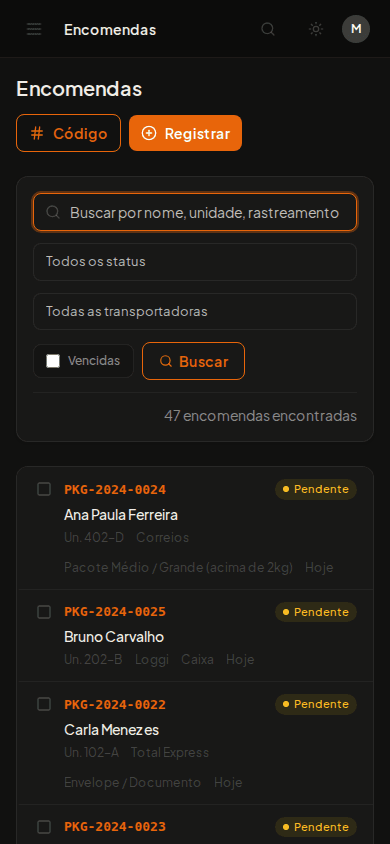 Encomendas mobile dark