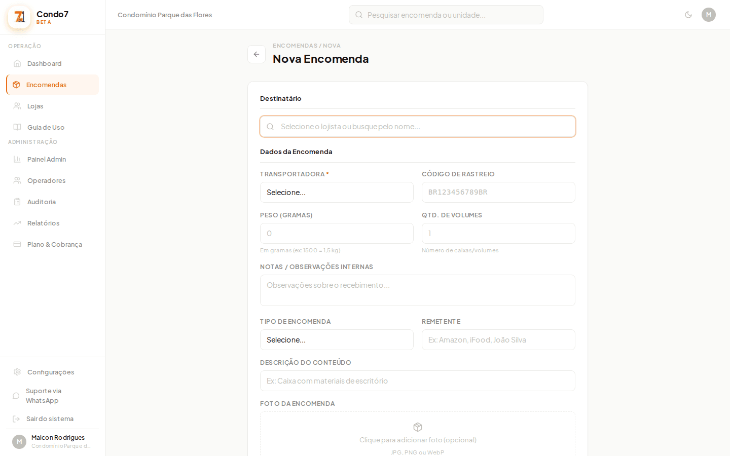Registrar nova encomenda